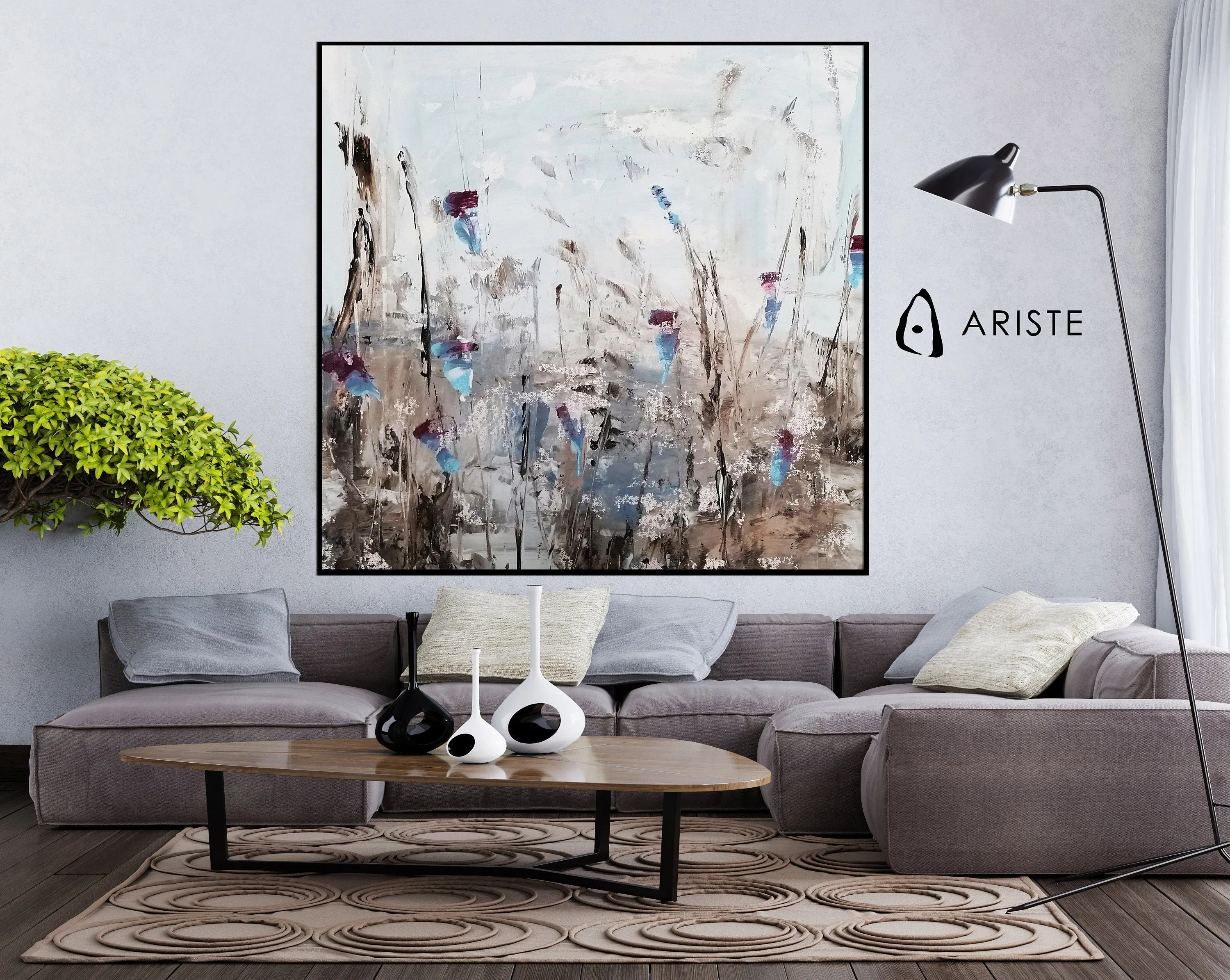 Blue & purple large abstract flower paintings made to order in a custom size