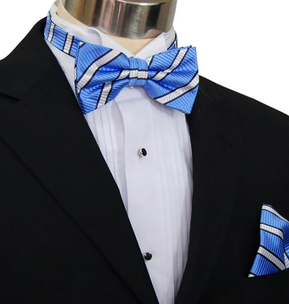 Blue and White Striped Silk Bow Tie and Pocket Square