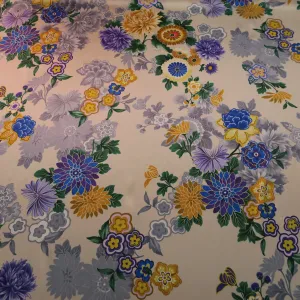 Blue and Yellow Floral on a Cream Background Printed Silk Charmeuse Fabric