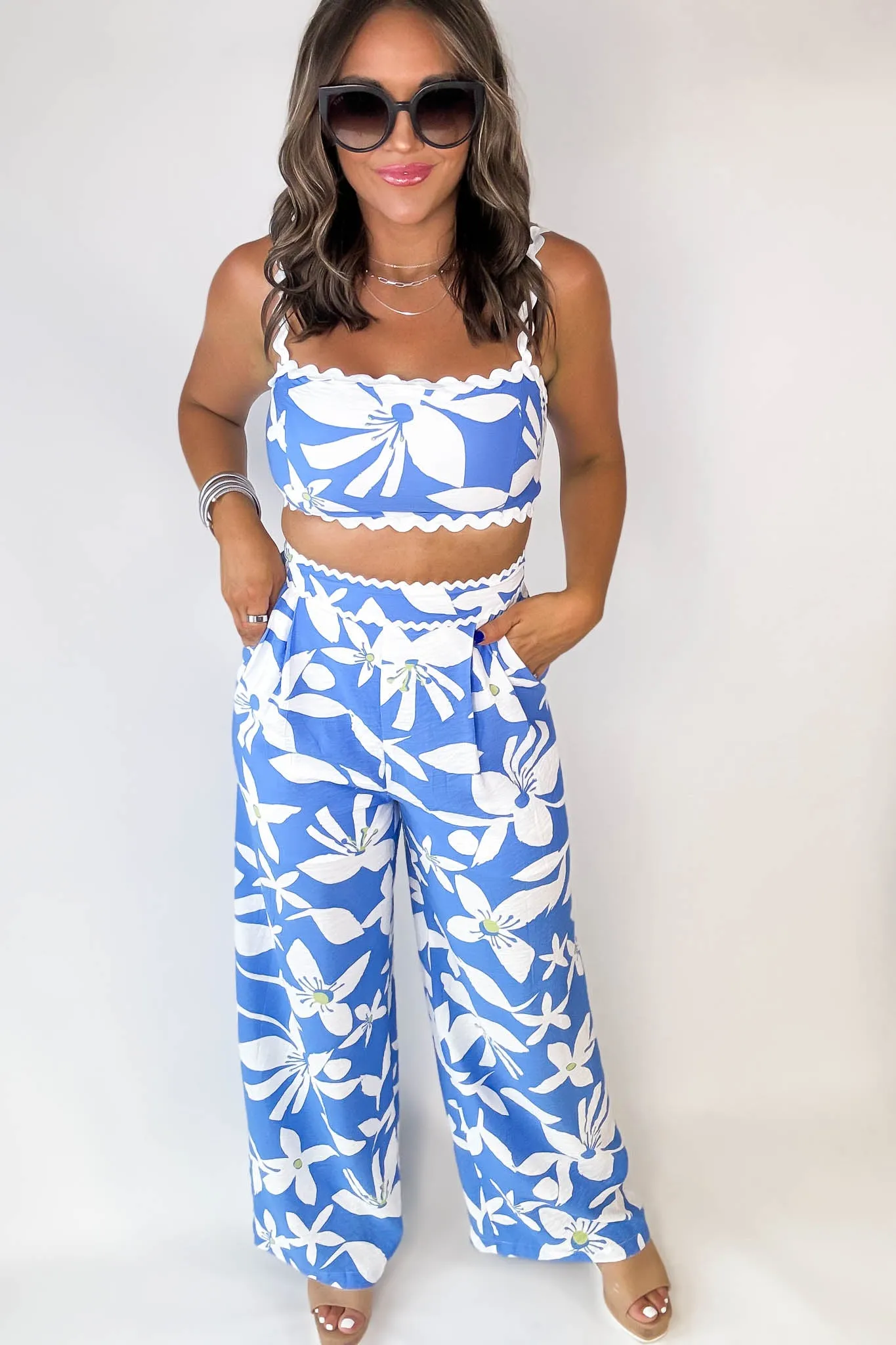 Blue Floral Rickrack Trimmed Pants