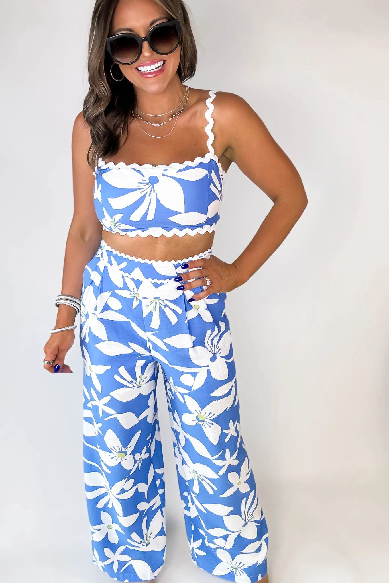 Blue Floral Rickrack Trimmed Pants