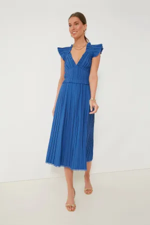 Blue Greir Pleating Flutter Sleeve V-Neck Dress