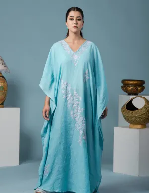 Blue Grey Aari Embroidered Summer Cotton Kaftan