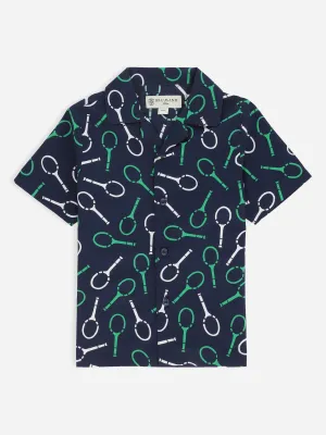 Blue Racket Printed Cuban Collar Half Sleeve Casual Shirt