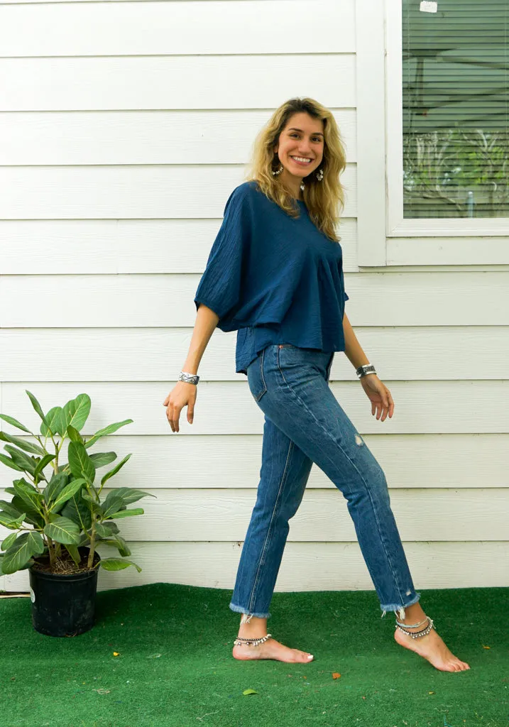 Blue Raw Natural Crinkled Cotton Gauze Blouse