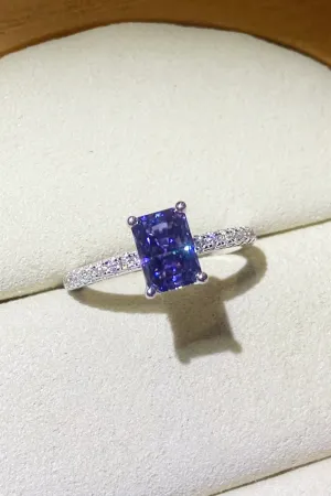 Blue Rectangle Moissanite Ring in 925 Sterling Silver