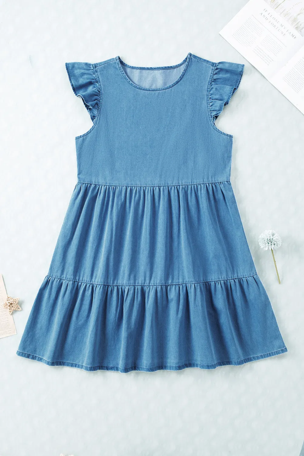 Blue Ruffle Sleeve Casual Short Denim Dress
