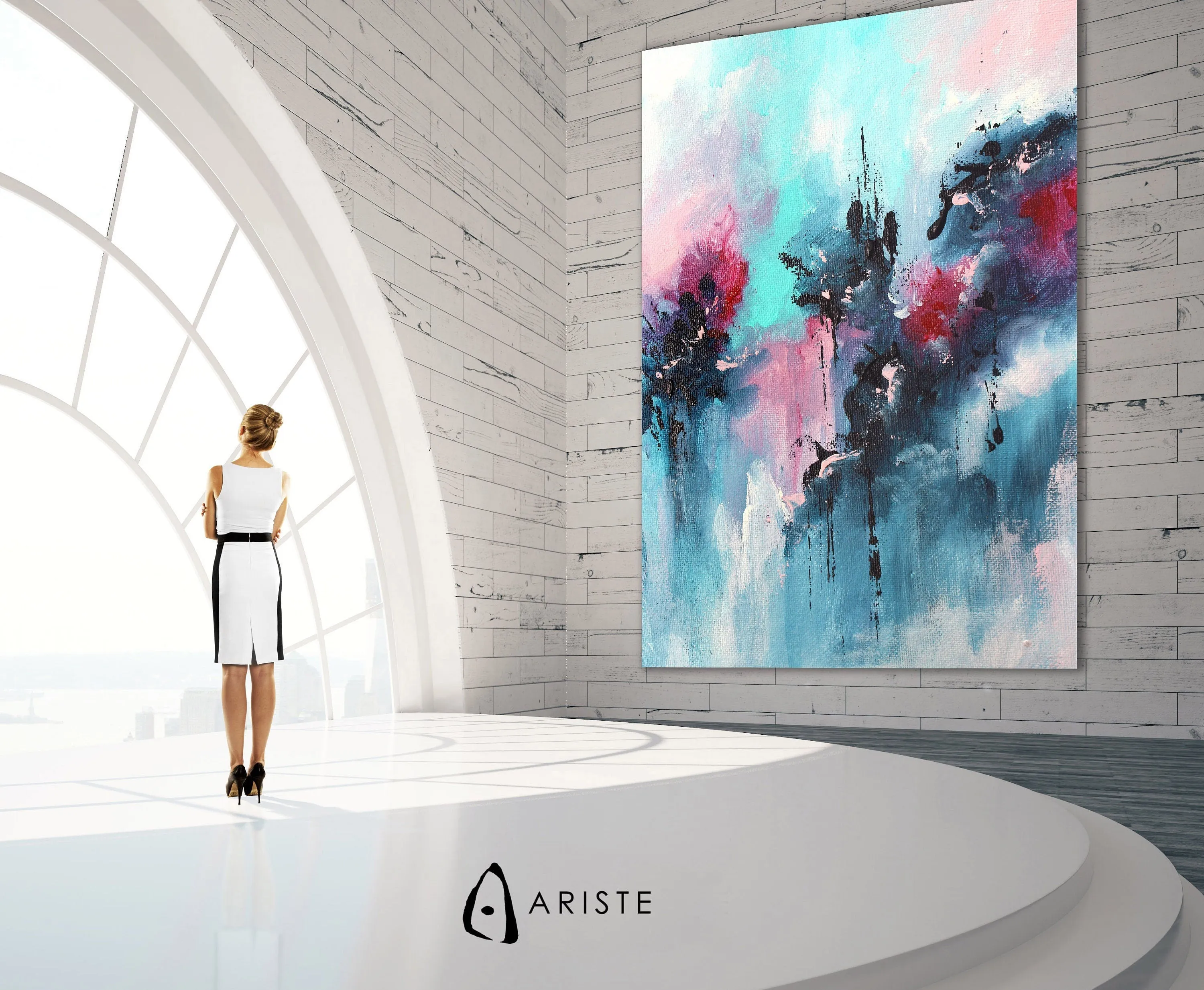 Blue, teal & pink abstract oversized wall art made to order in a custom size