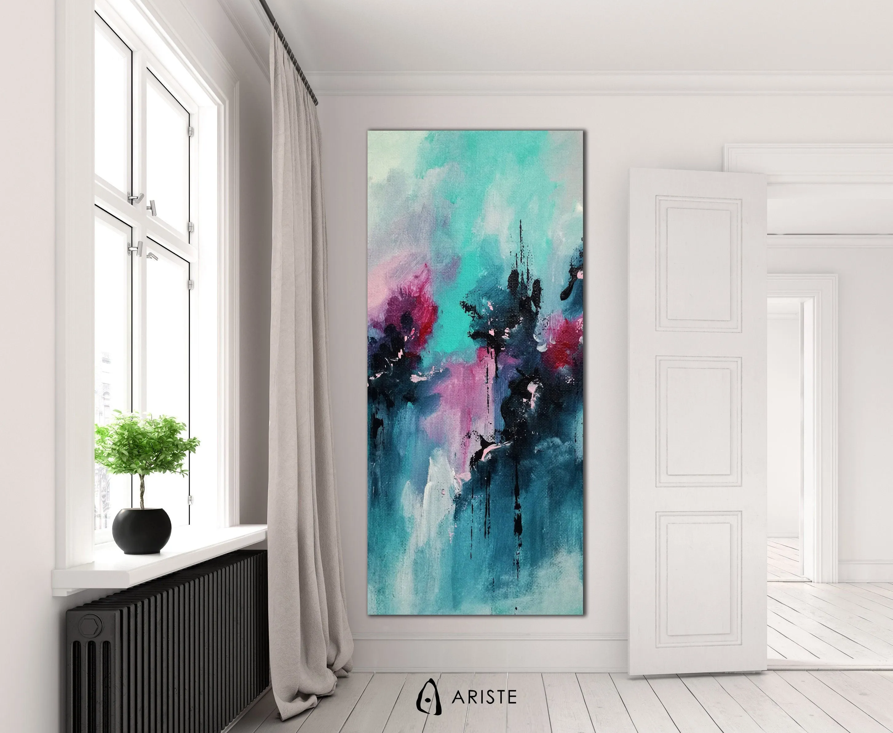 Blue, teal & pink abstract oversized wall art made to order in a custom size