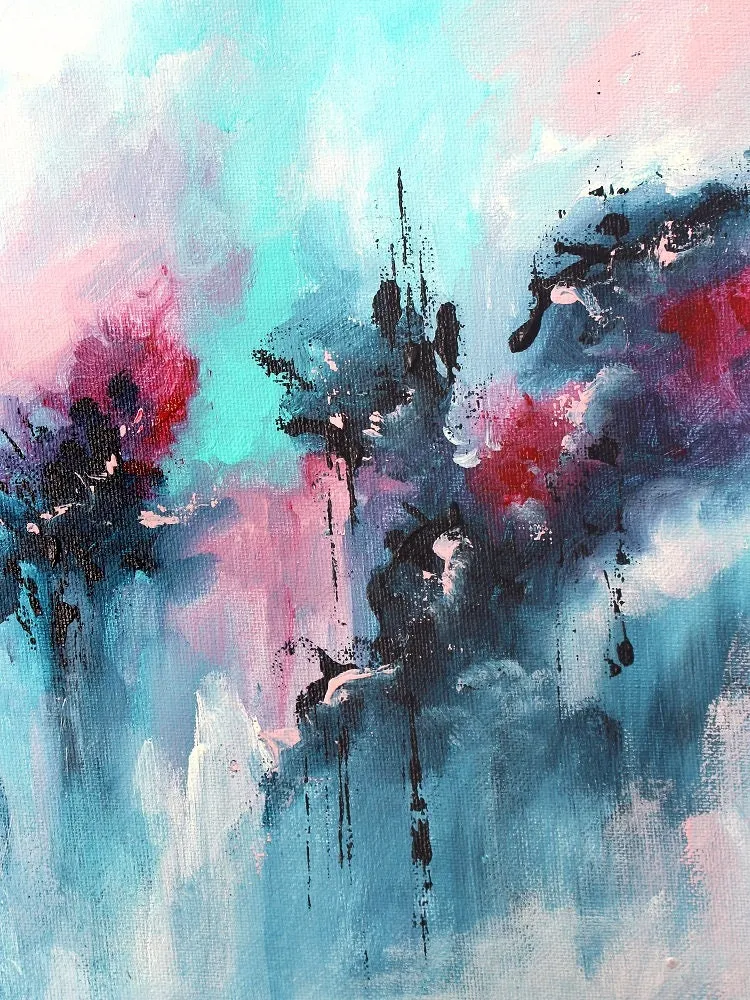 Blue, teal & pink abstract oversized wall art made to order in a custom size