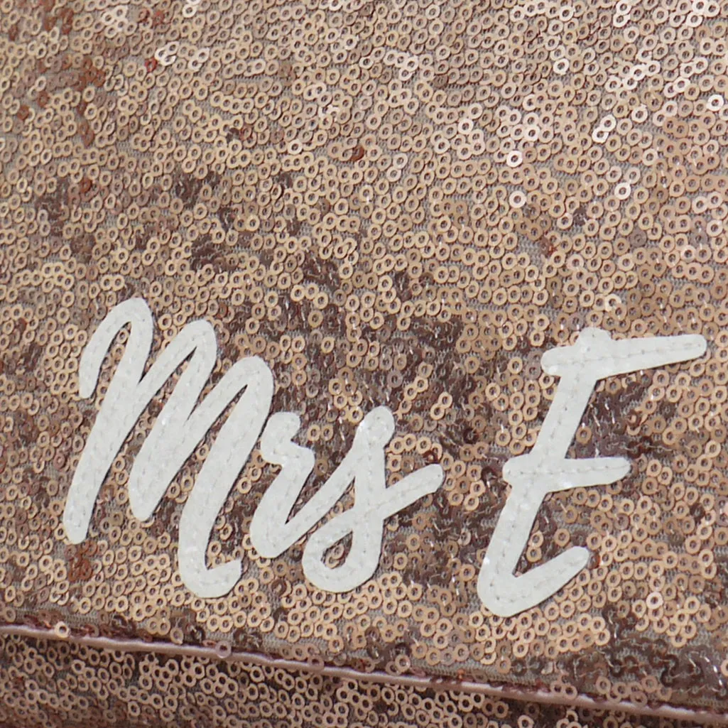 Blush rose gold sequin MRS initial bridal wedding day clutch