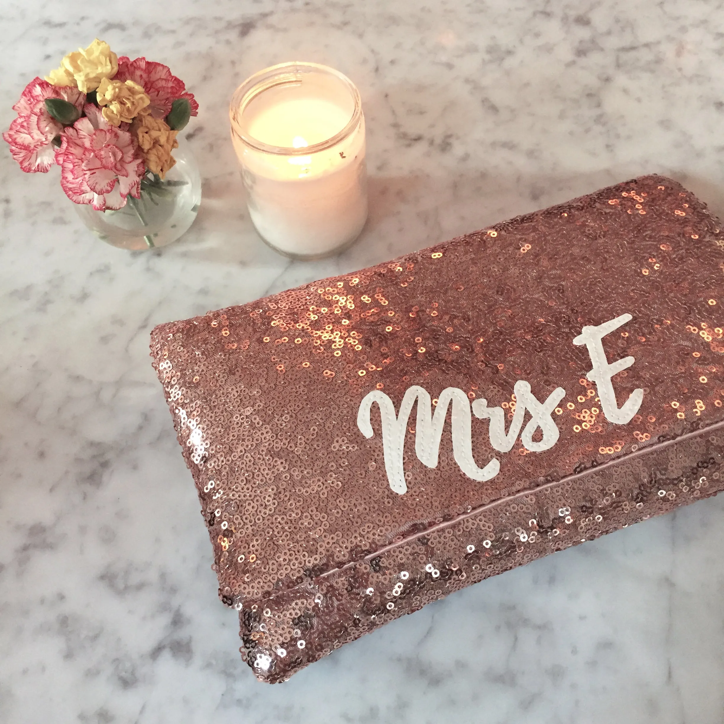Blush rose gold sequin MRS initial bridal wedding day clutch