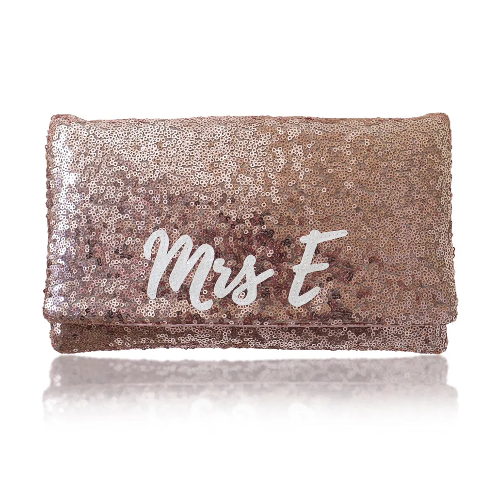 Blush rose gold sequin MRS initial bridal wedding day clutch