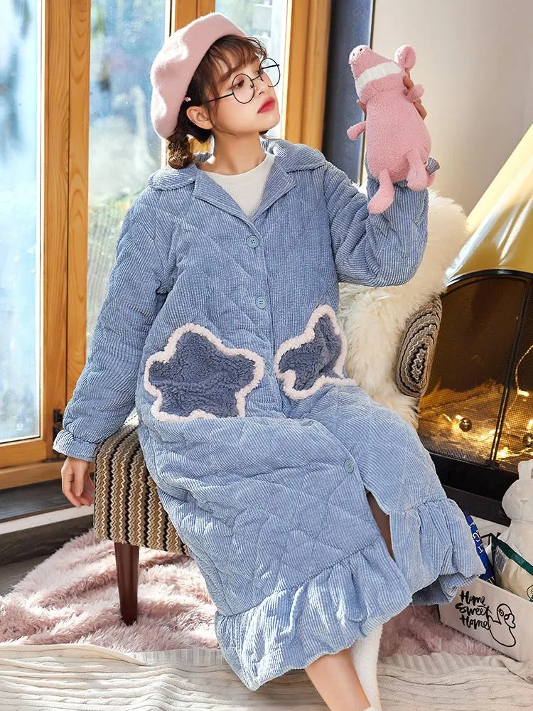 BLYE STAR THREE-LAYER COTTON PADDED PAJAMAS CORAL FLEECE NIGHTDRESS