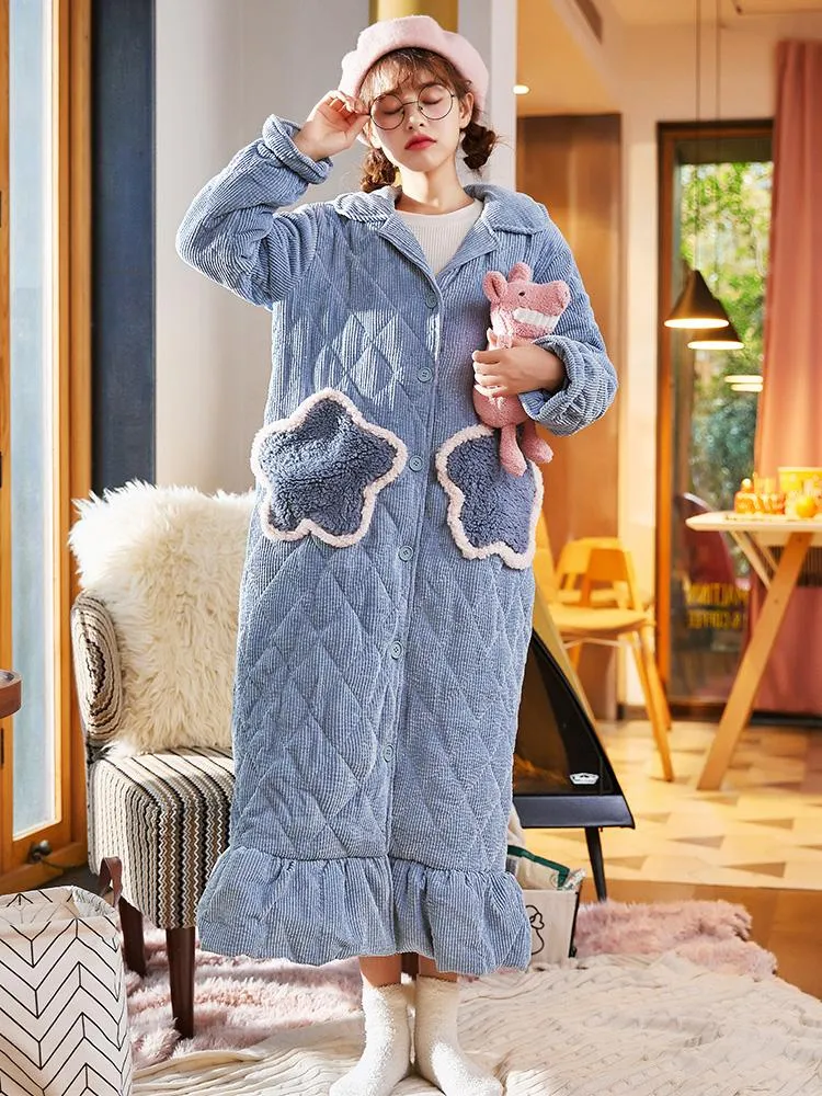 BLYE STAR THREE-LAYER COTTON PADDED PAJAMAS CORAL FLEECE NIGHTDRESS