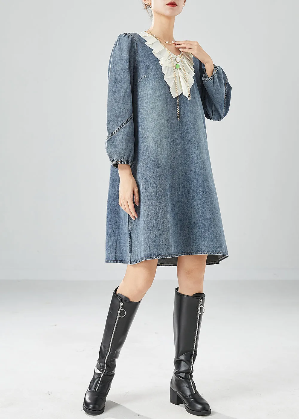 Bohemian Grey Blue Ruffles Patchwork Denim Maxi Dress Summer LY6139