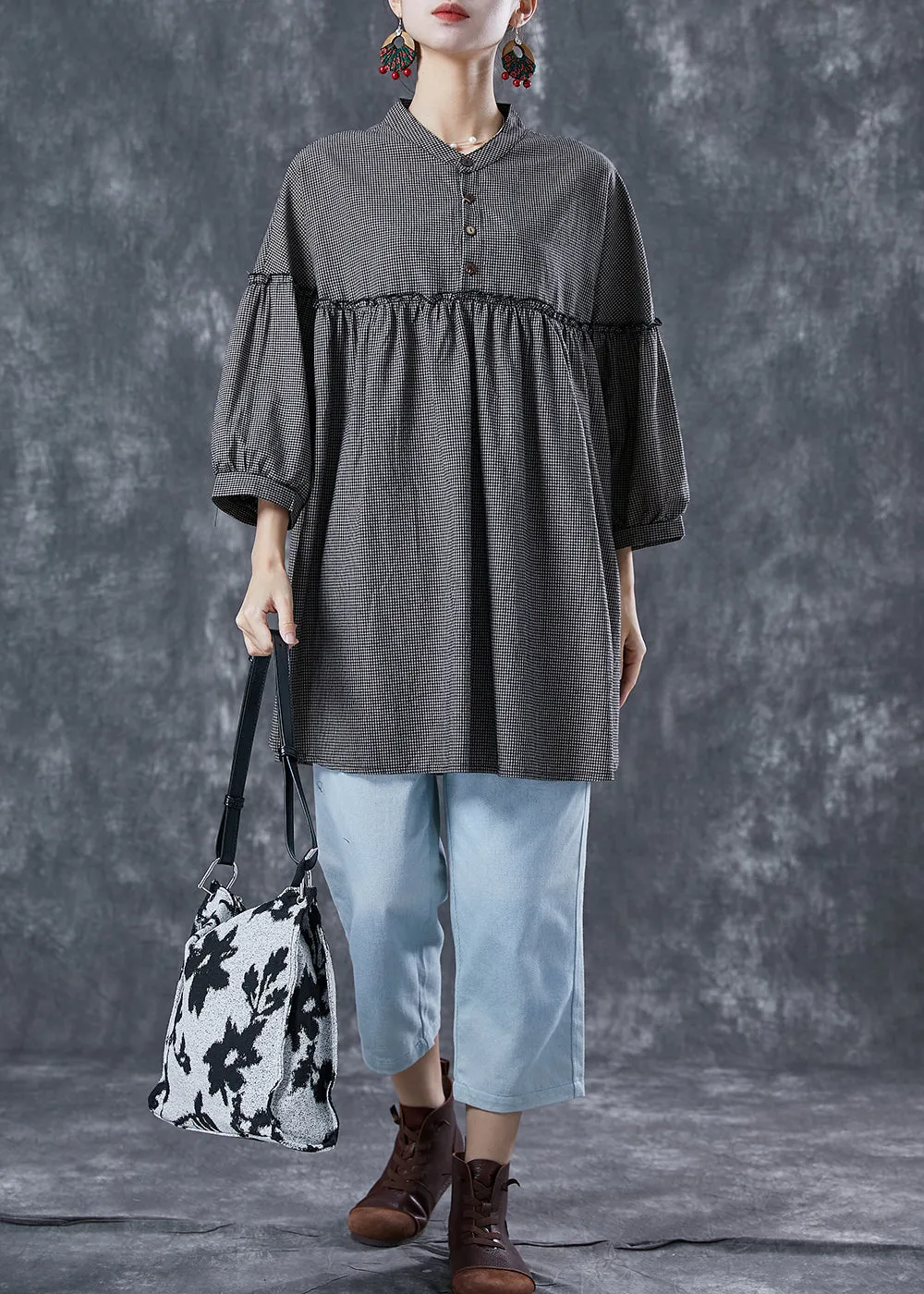 Bohemian Grey Ruffled Patchwork Plaid Linen Mid Dress Summer LY5619