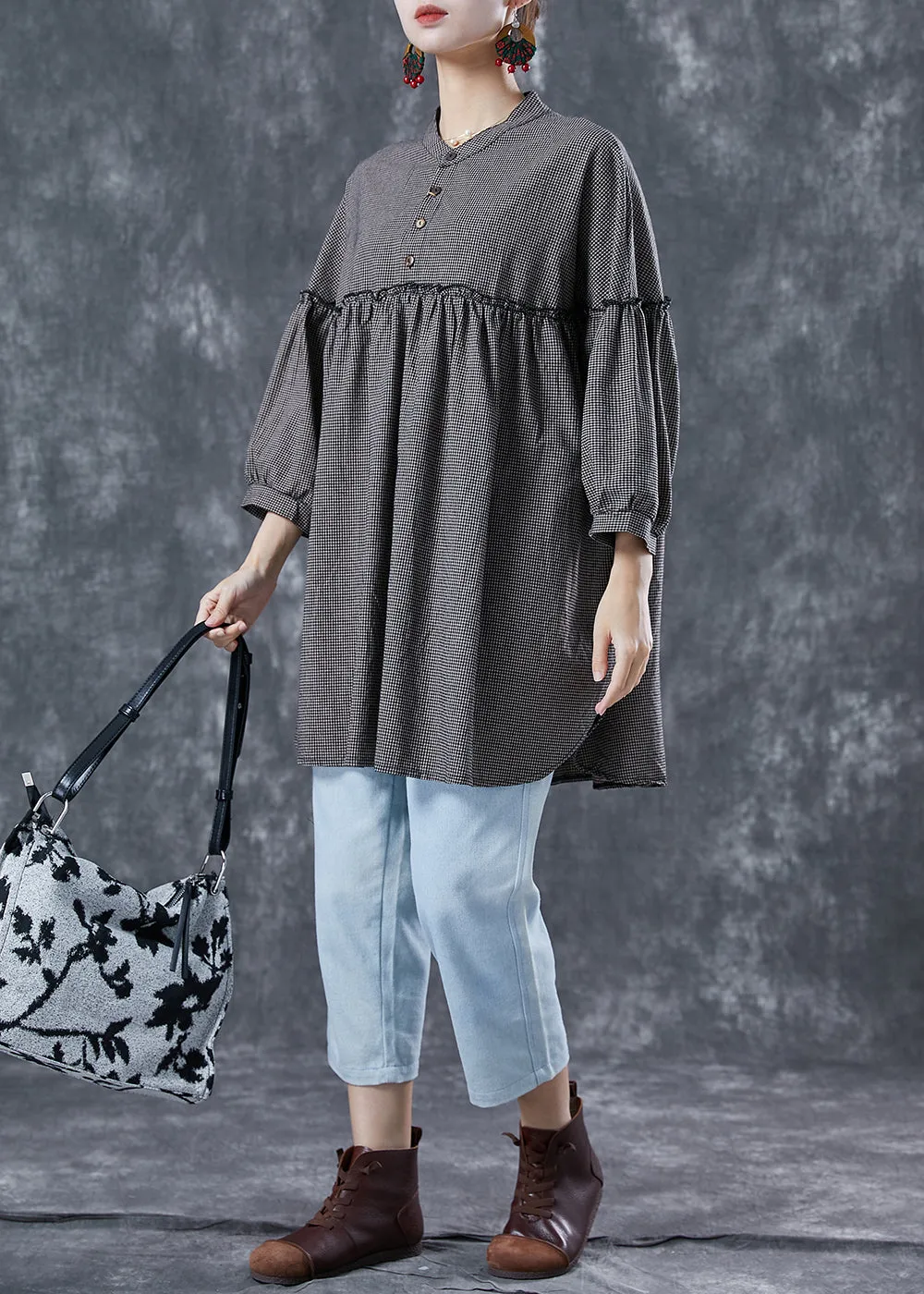 Bohemian Grey Ruffled Patchwork Plaid Linen Mid Dress Summer LY5619