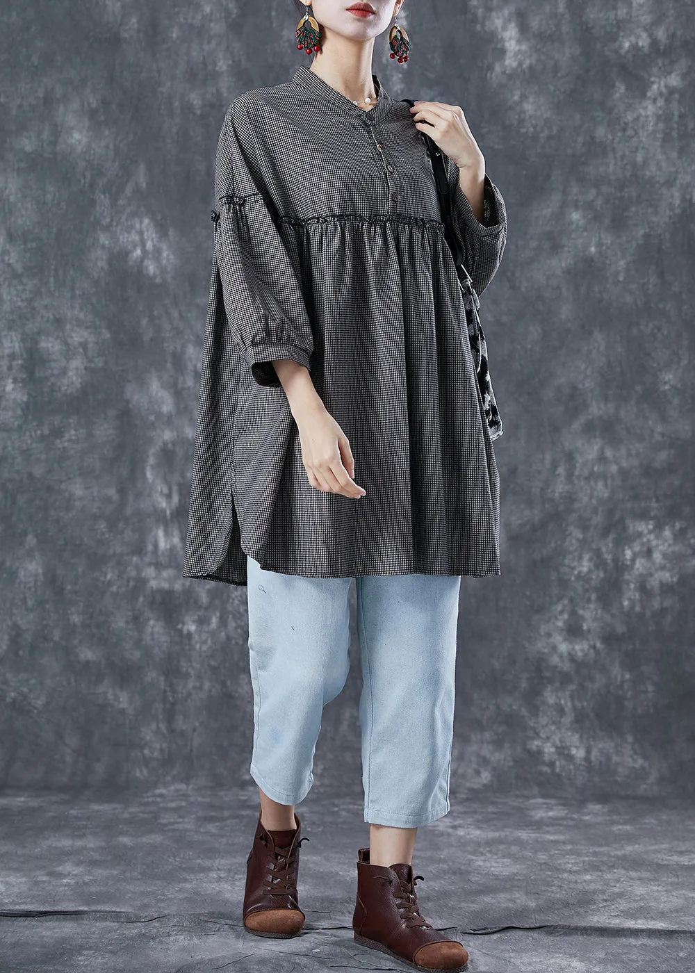 Bohemian Grey Ruffled Patchwork Plaid Linen Mid Dress Summer LY5619