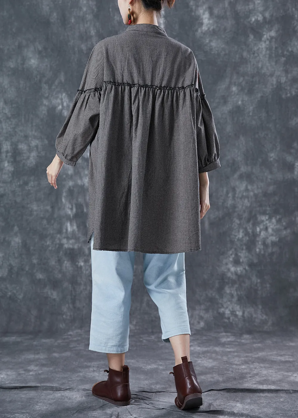 Bohemian Grey Ruffled Patchwork Plaid Linen Mid Dress Summer LY5619