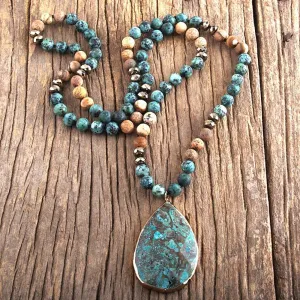 Bohemian Long Beaded Statement Necklace with Semi-Precious Teardrop Shaped Pendant