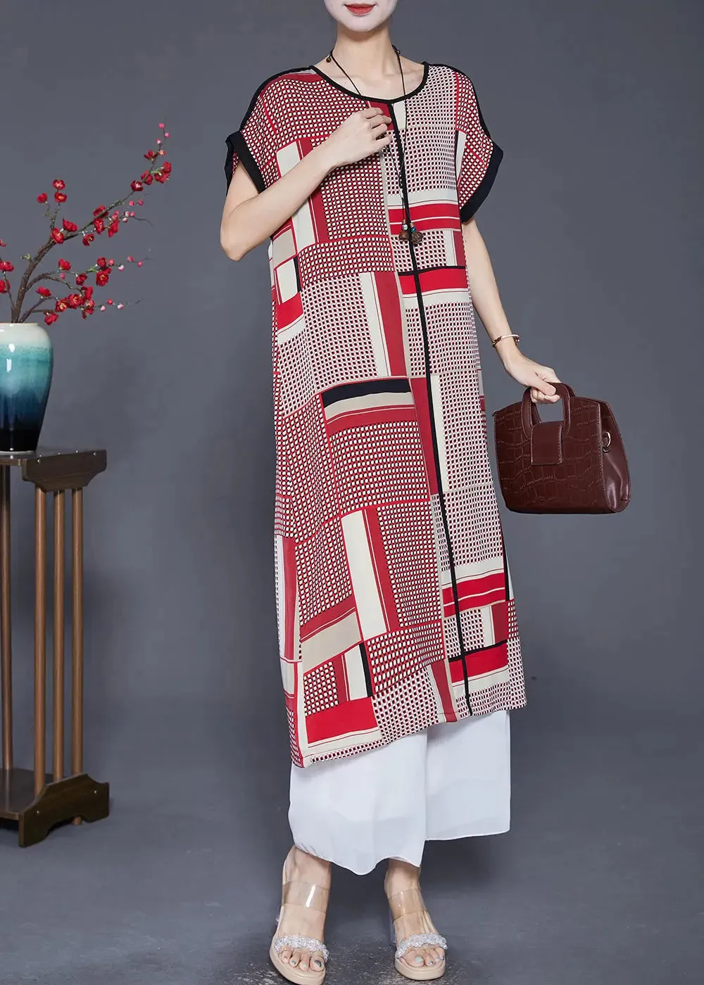 Bohemian Red Oversized Print Silk Long Dress Summer LY8064