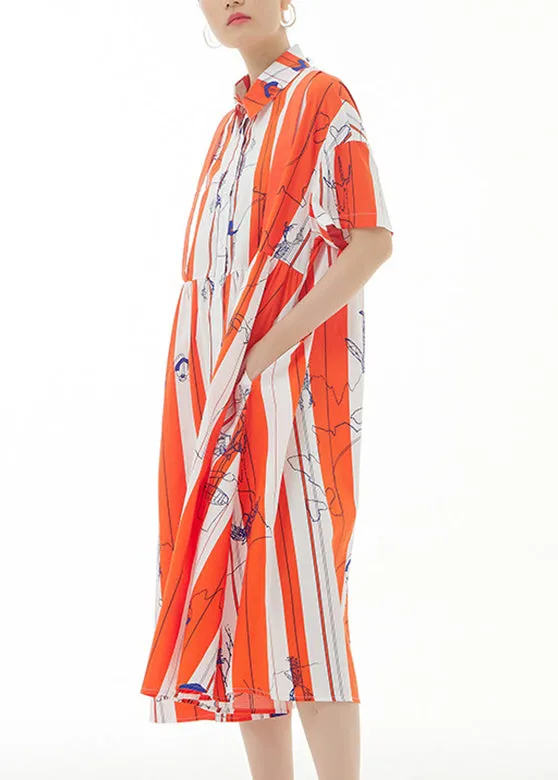 Bohemian Red Striped Peter Pan Collar Print Cotton Maxi Shirt Dress Summer LY1185