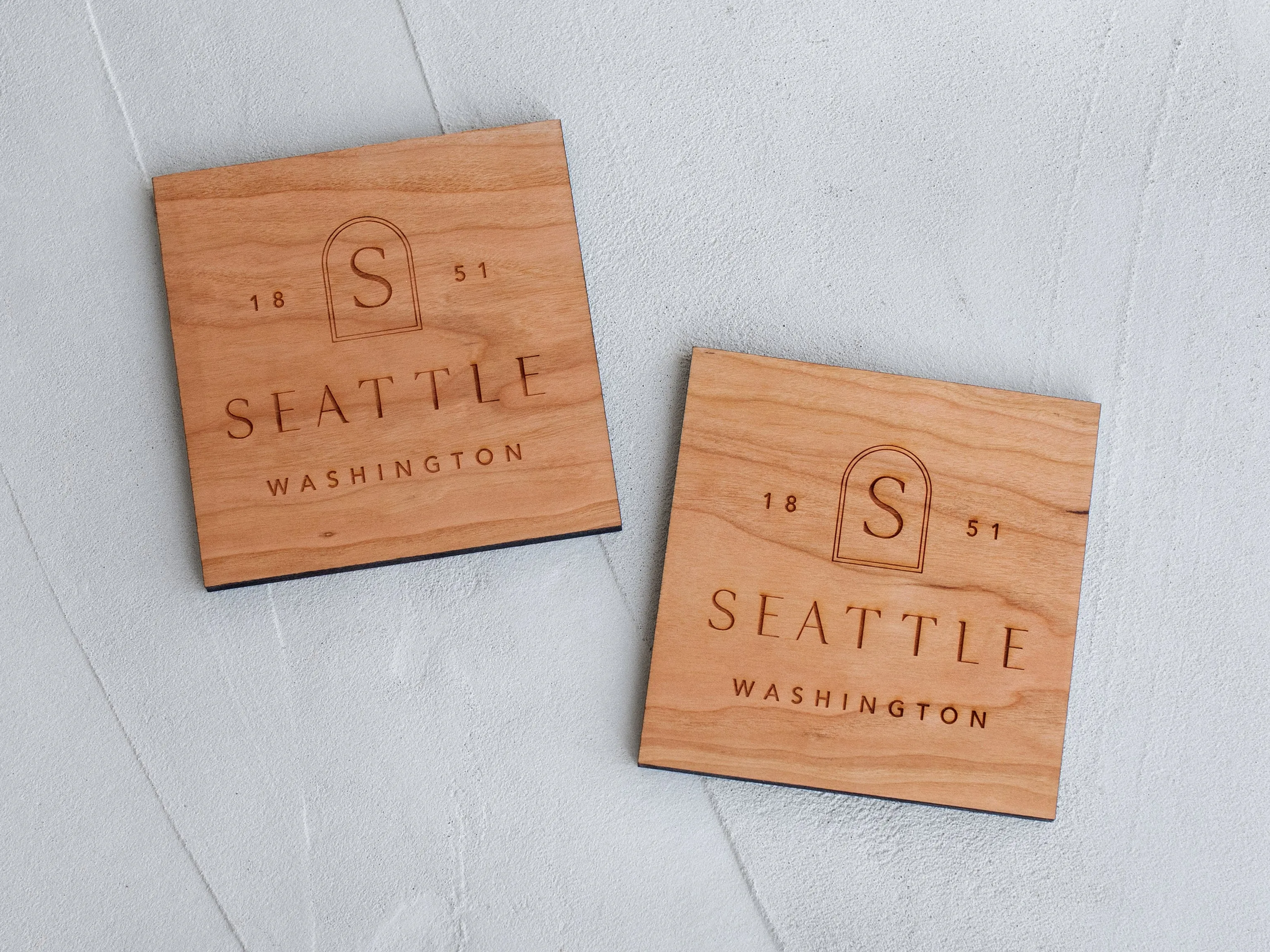 Boho Custom City & State Badge Wooden Coasters • Handmade Set of 4