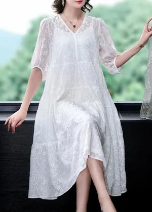 Boho White V Neck Embroideried Patchwork Silk Two Pieces Set Summer LY4610