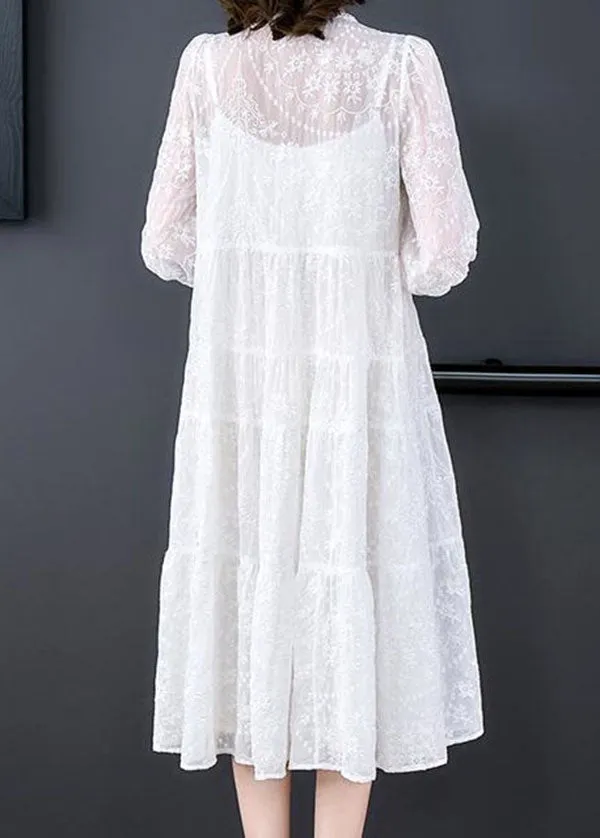 Boho White V Neck Embroideried Patchwork Silk Two Pieces Set Summer LY4610
