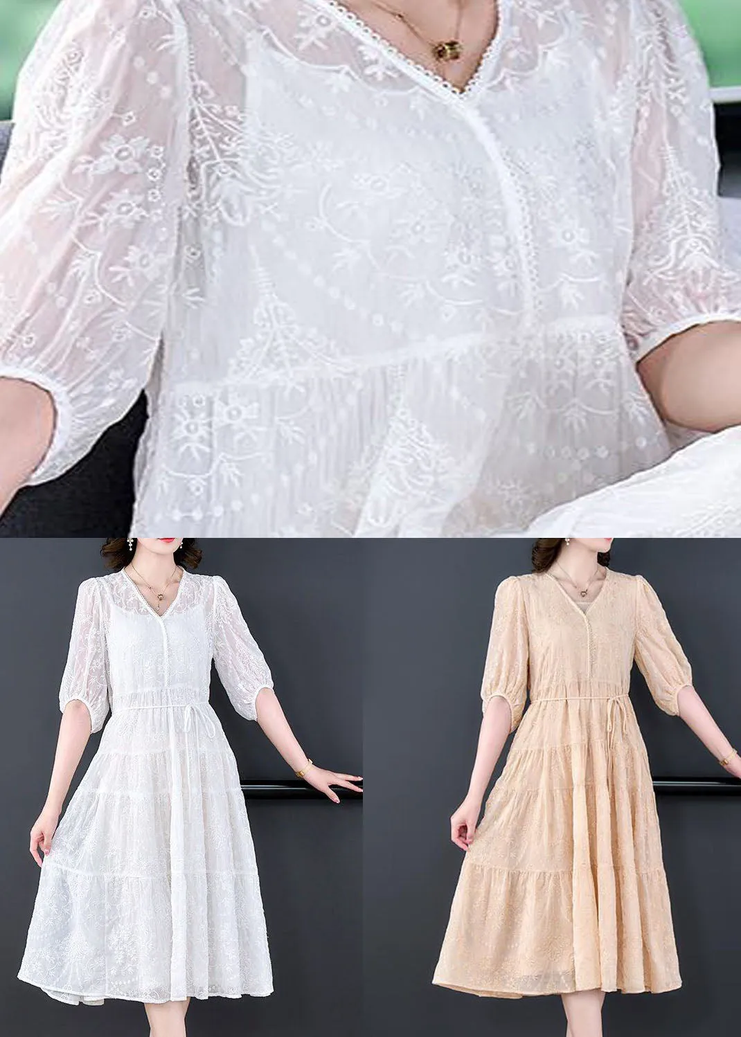 Boho White V Neck Embroideried Patchwork Silk Two Pieces Set Summer LY4610