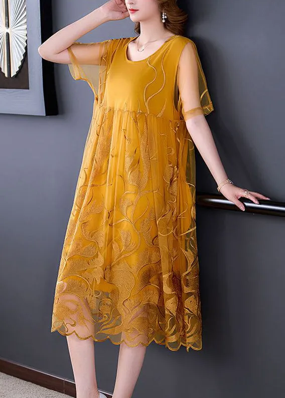 Boho Yellow Embroideried Hollow Out Tulle Dress Summer LY3725