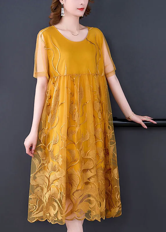 Boho Yellow Embroideried Hollow Out Tulle Dress Summer LY3725