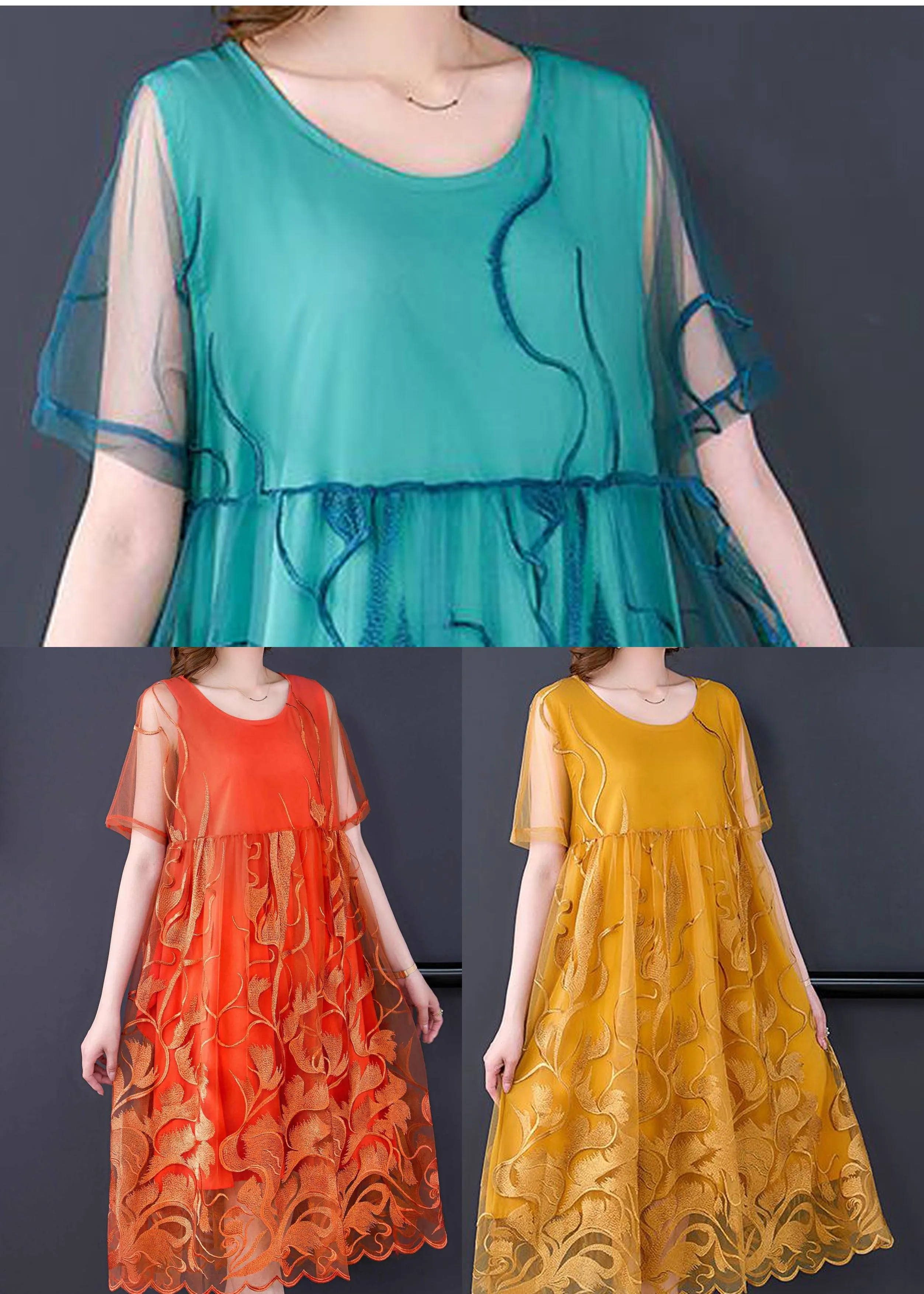 Boho Yellow Embroideried Hollow Out Tulle Dress Summer LY3725