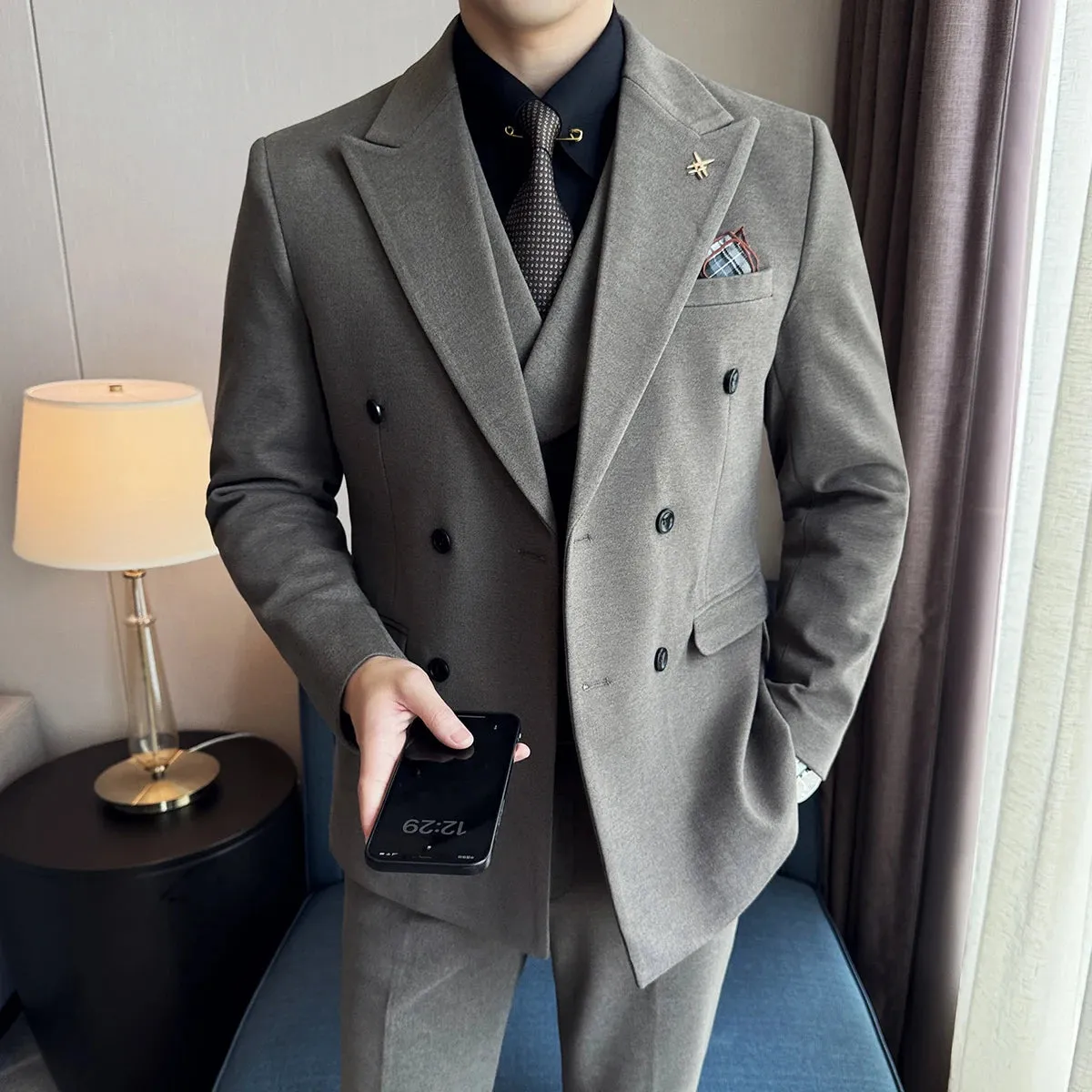 Bonsir (Jacket Vest Pant) Autumn Winter Thickened Woolen Suit New High Quality Slim Business Tuxedo Fashion Wedding Social Suits