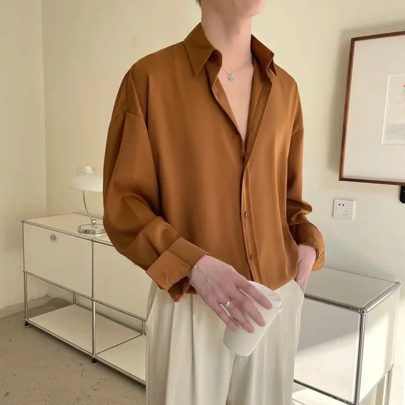 Bonsir -  Solid Color Long-sleeved Shirt Men Fashion Social Mens Dress Shirt Korean Loose Casual Ice Shirts Mens Office Formal Shirt M-2XL