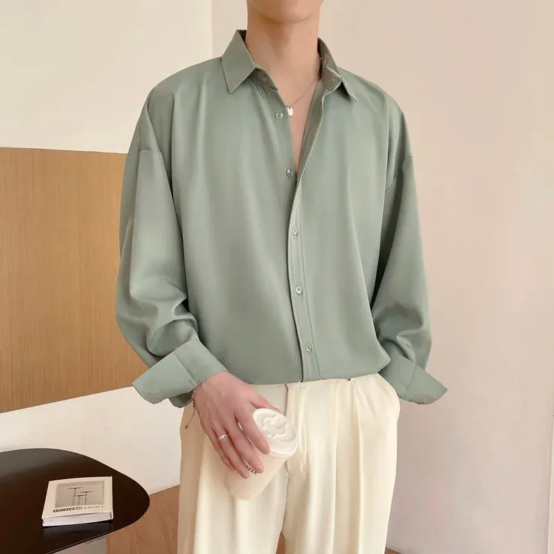 Bonsir -  Solid Color Long-sleeved Shirt Men Fashion Social Mens Dress Shirt Korean Loose Casual Ice Shirts Mens Office Formal Shirt M-2XL