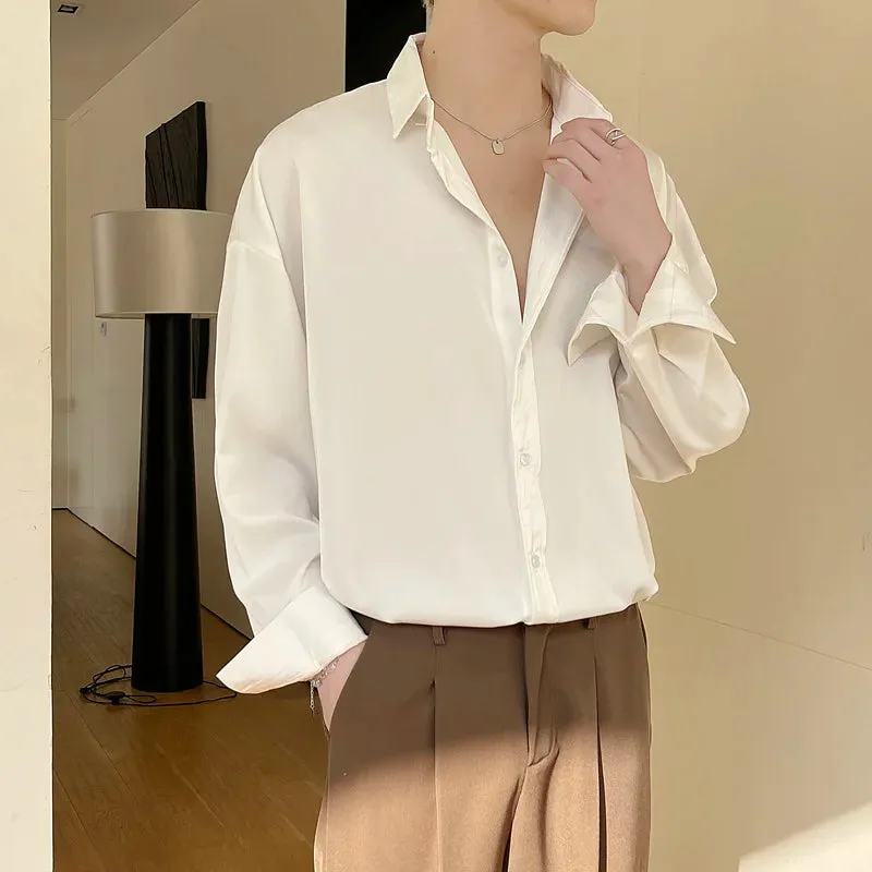 Bonsir -  Solid Color Long-sleeved Shirt Men Fashion Social Mens Dress Shirt Korean Loose Casual Ice Shirts Mens Office Formal Shirt M-2XL