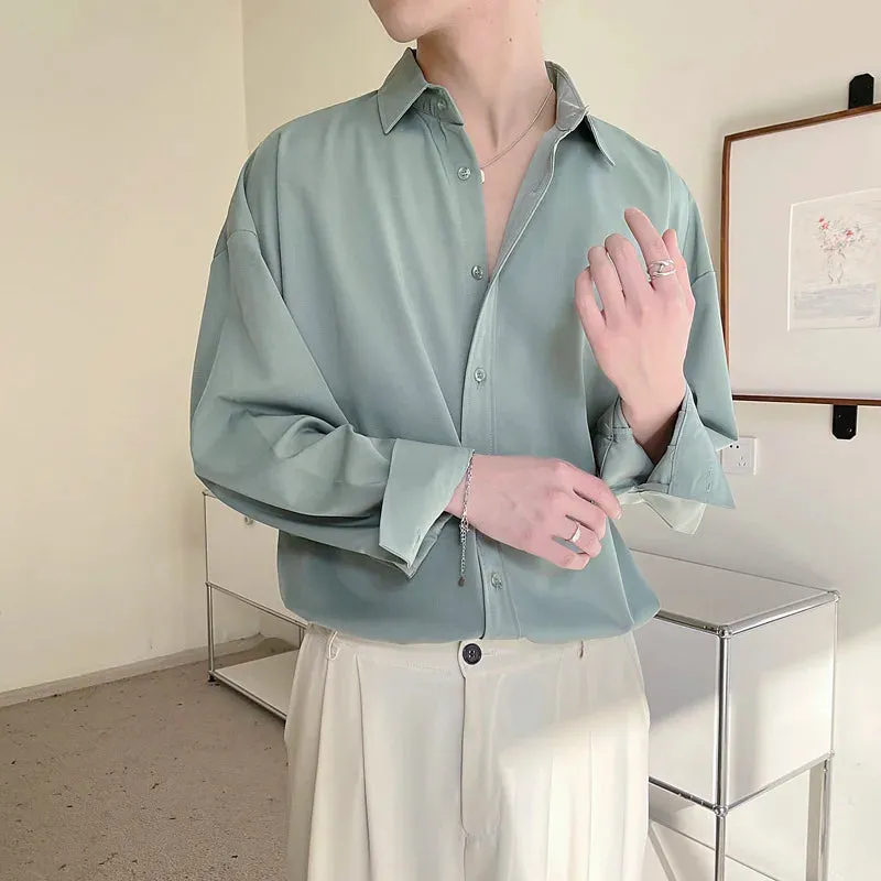 Bonsir -  Solid Color Long-sleeved Shirt Men Fashion Social Mens Dress Shirt Korean Loose Casual Ice Shirts Mens Office Formal Shirt M-2XL