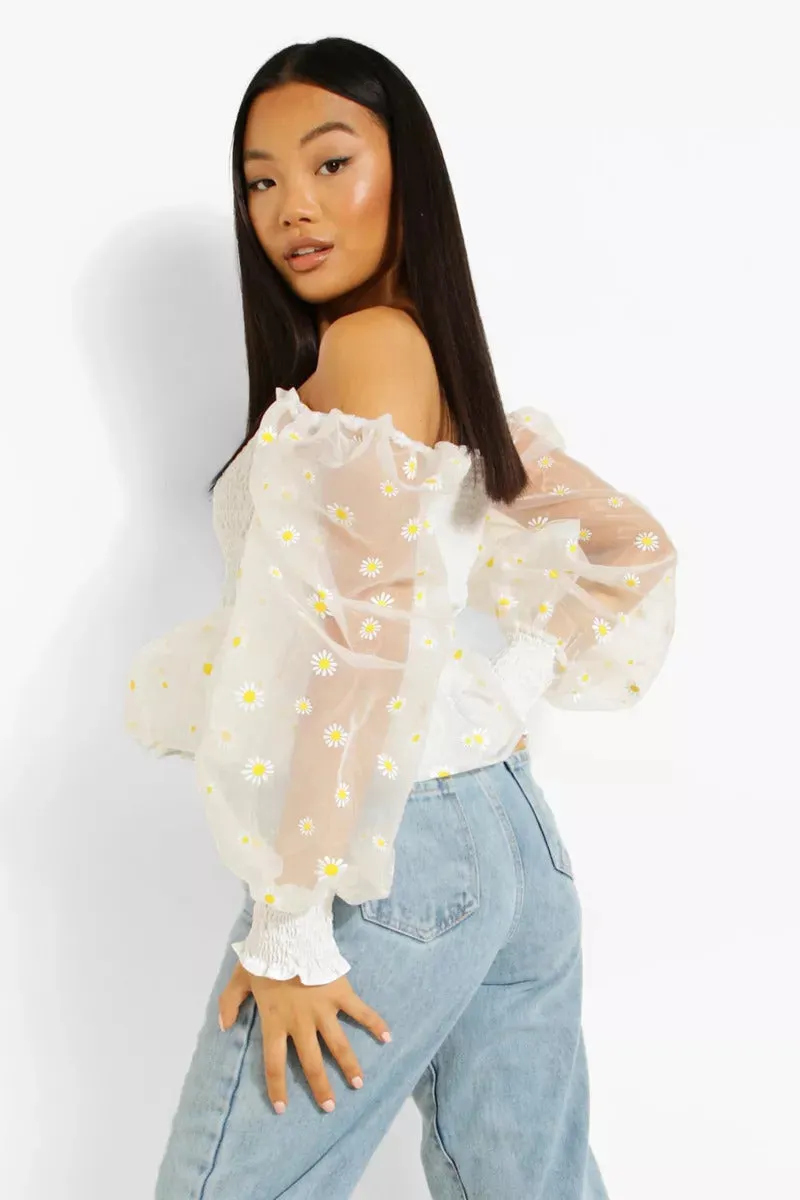 Boohoo Petite Daisy Organza Shirred White Peplum Ladies Top