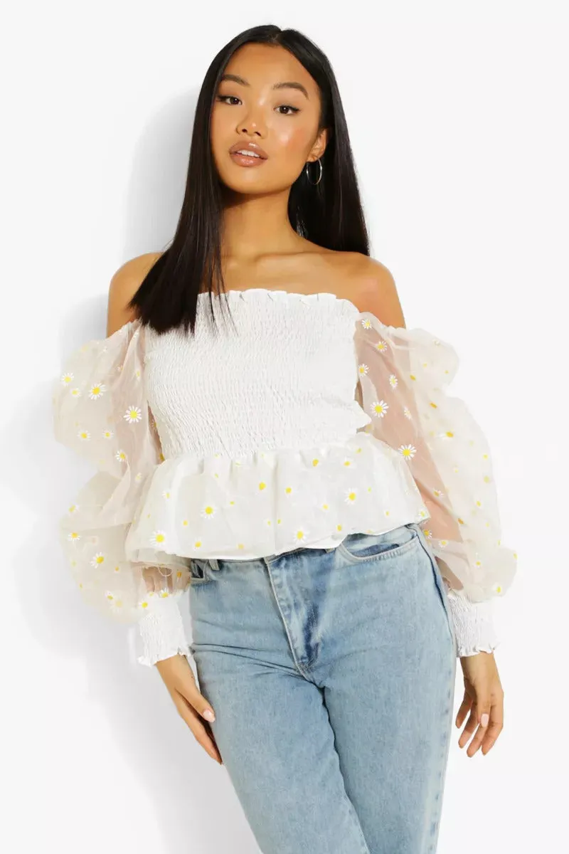 Boohoo Petite Daisy Organza Shirred White Peplum Ladies Top