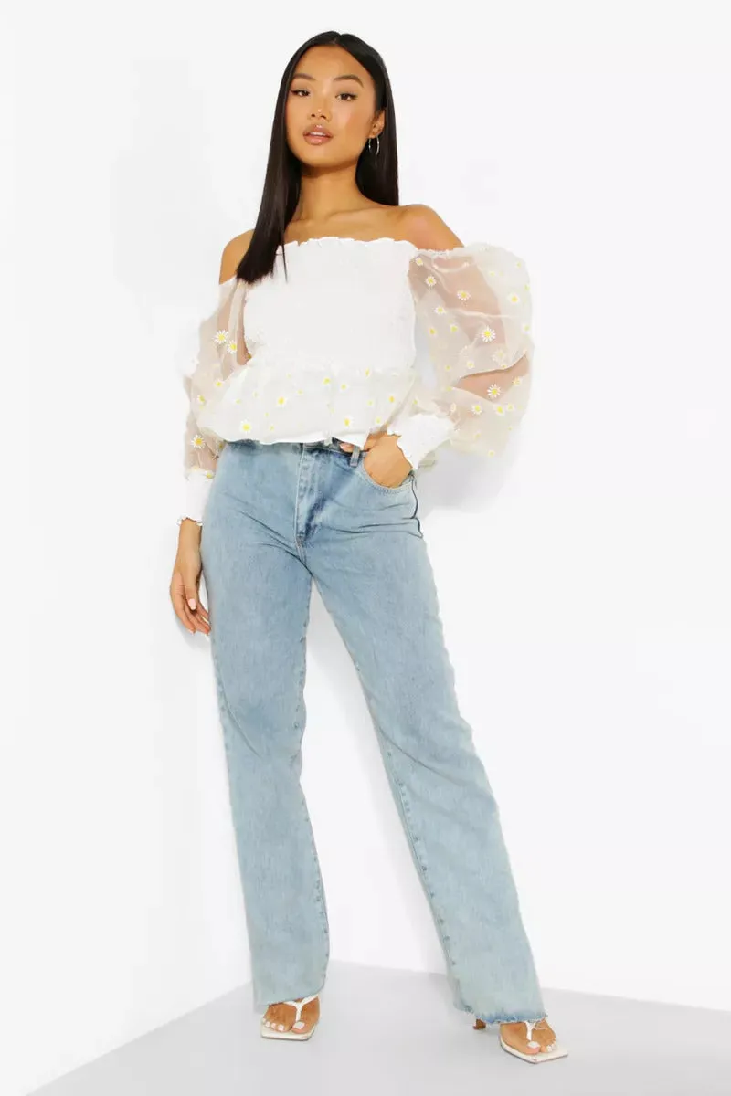 Boohoo Petite Daisy Organza Shirred White Peplum Ladies Top