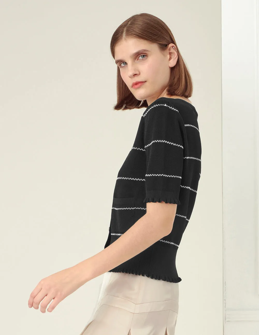 BORA AKSU Crew Neck Contrast Knit Cardigan
