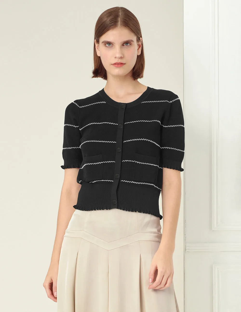 BORA AKSU Crew Neck Contrast Knit Cardigan