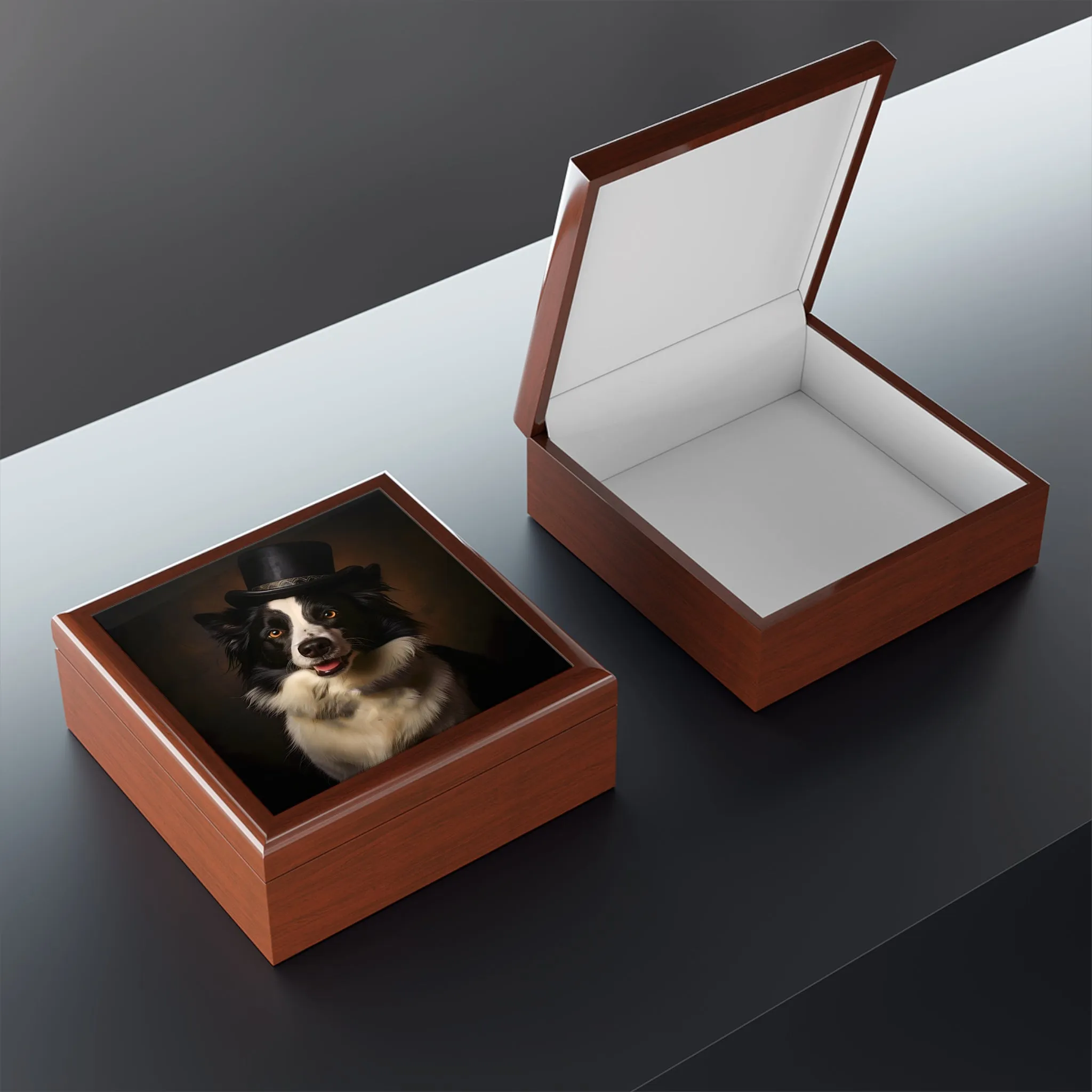 Border Collie with Top Hat Art Print Gift and Jewelry Box