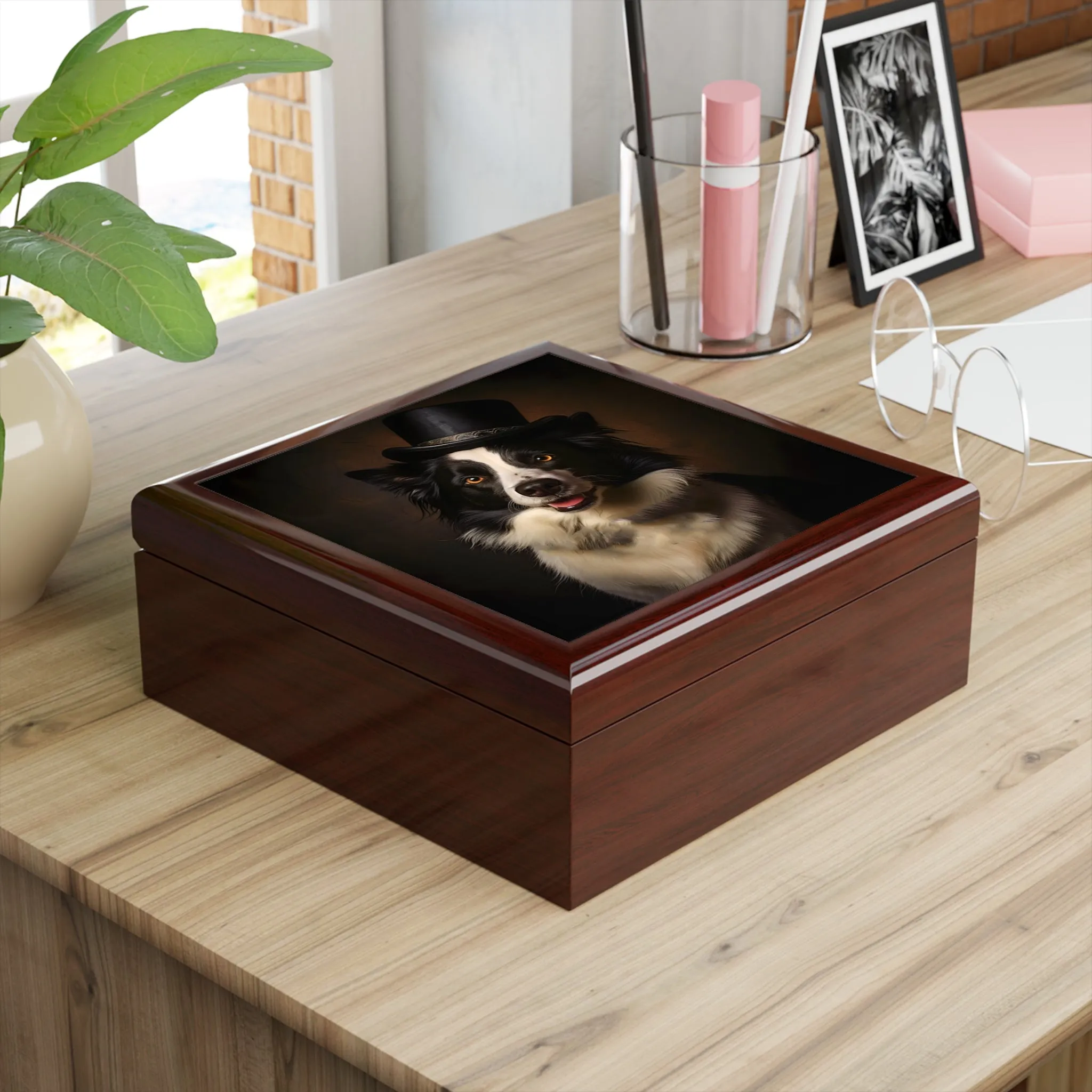 Border Collie with Top Hat Art Print Gift and Jewelry Box