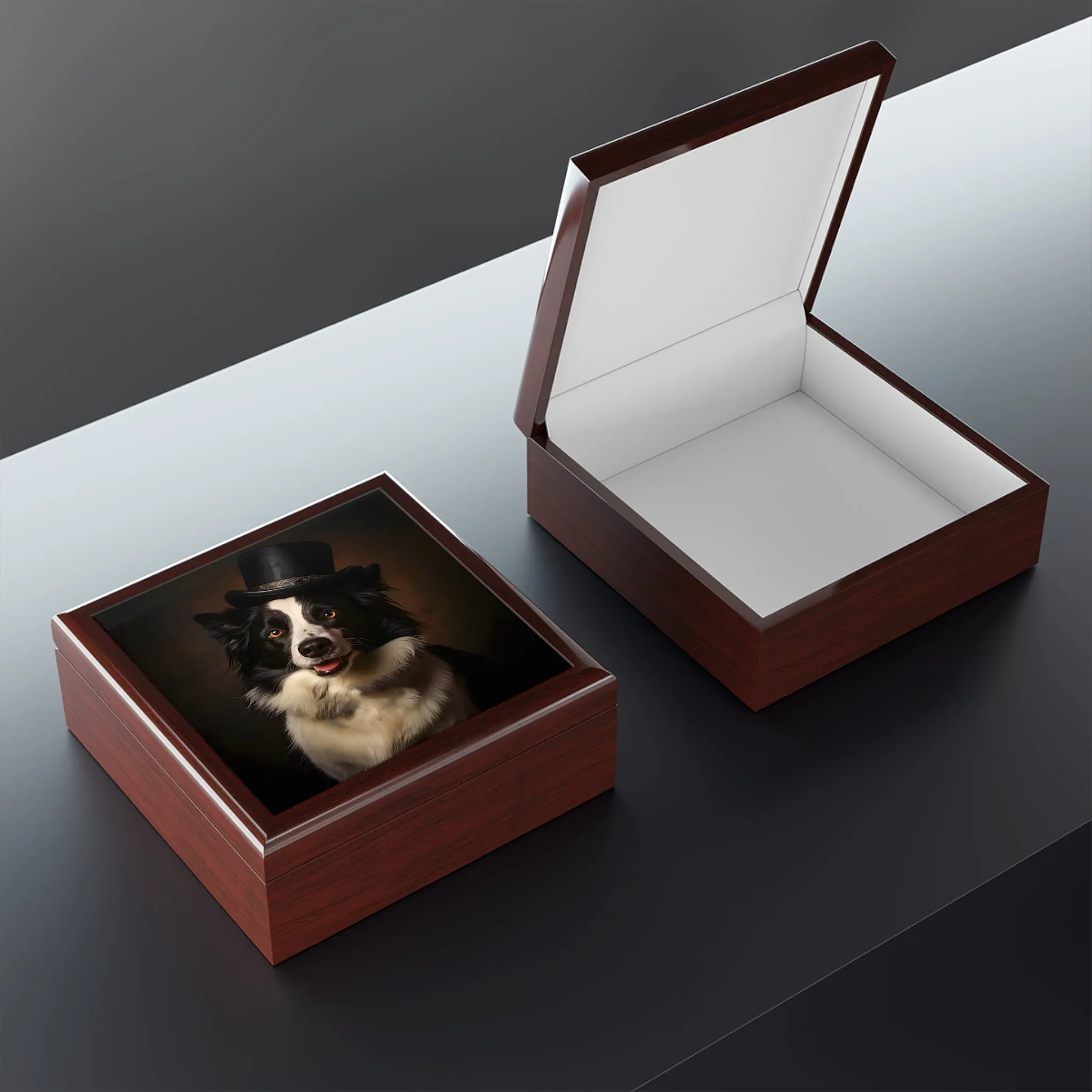 Border Collie with Top Hat Art Print Gift and Jewelry Box