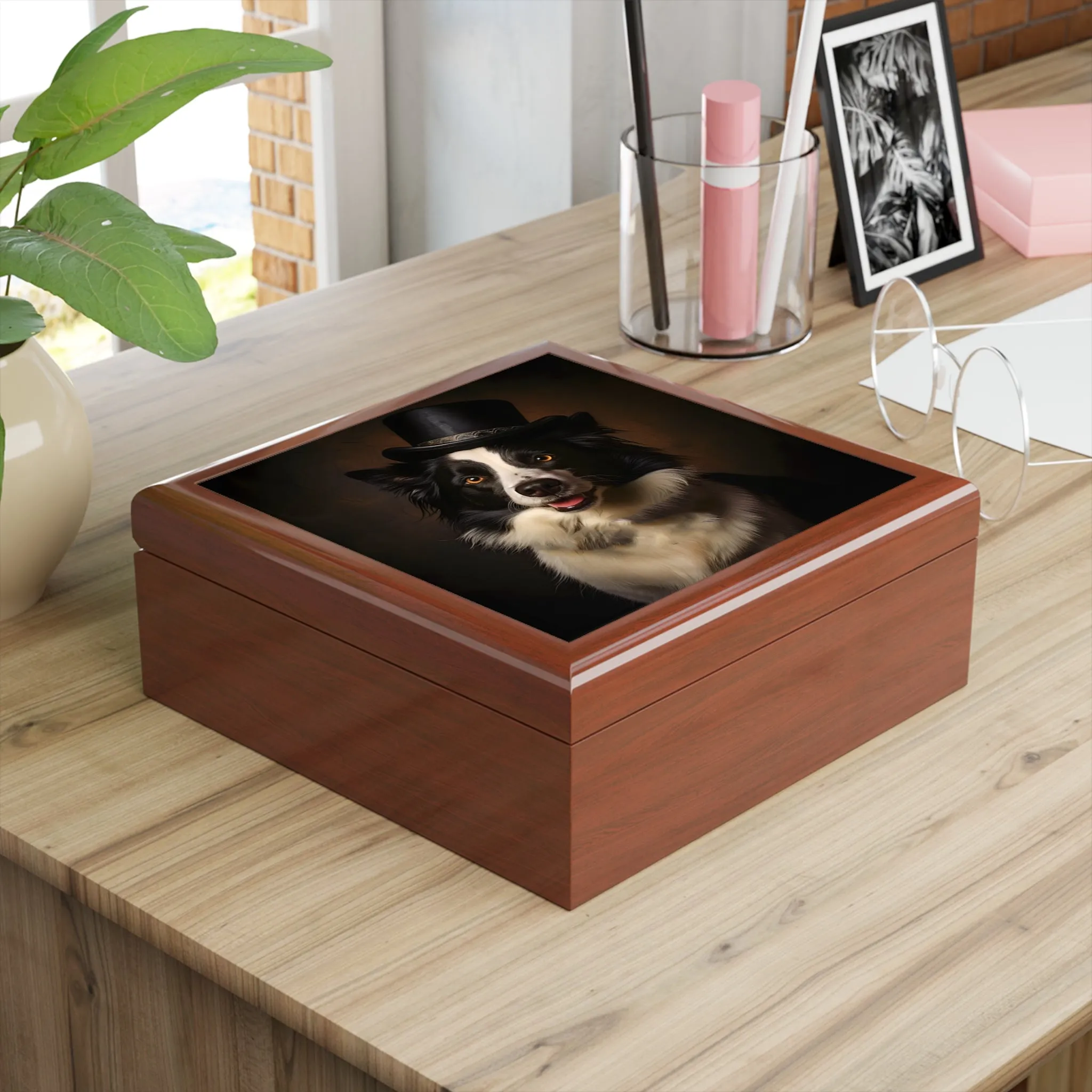 Border Collie with Top Hat Art Print Gift and Jewelry Box