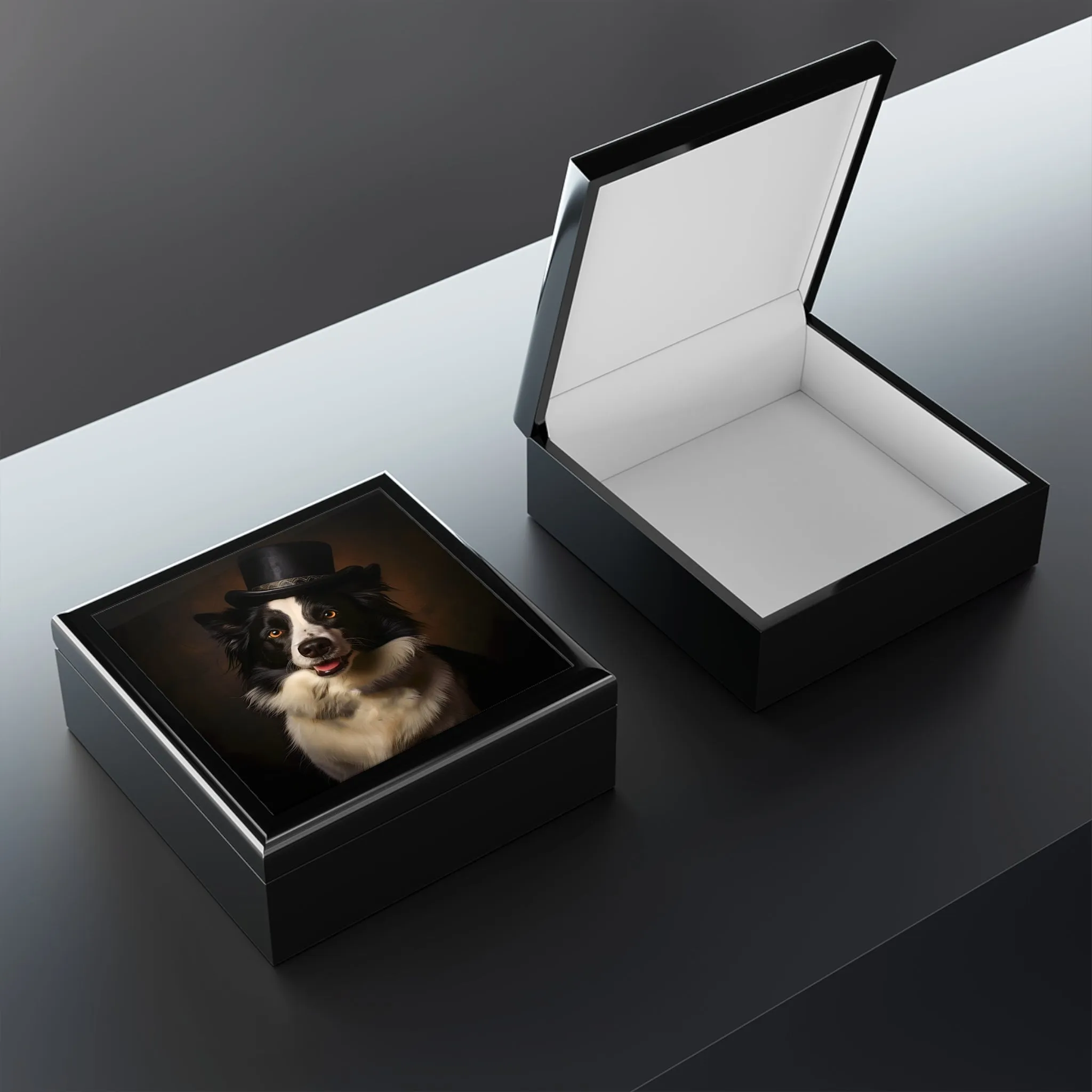Border Collie with Top Hat Art Print Gift and Jewelry Box