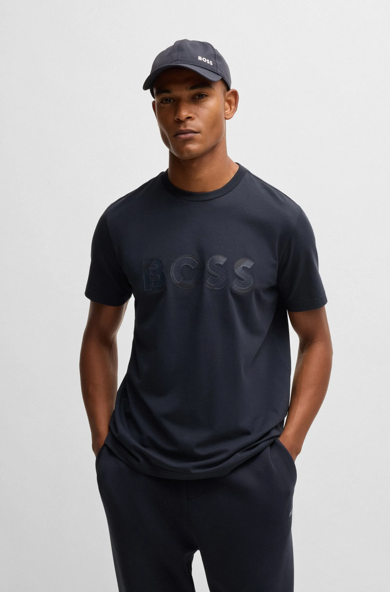 Boss Stretch-Cotton Short-Sleeved T-Shirt with Logo Artwork - Navy Blue